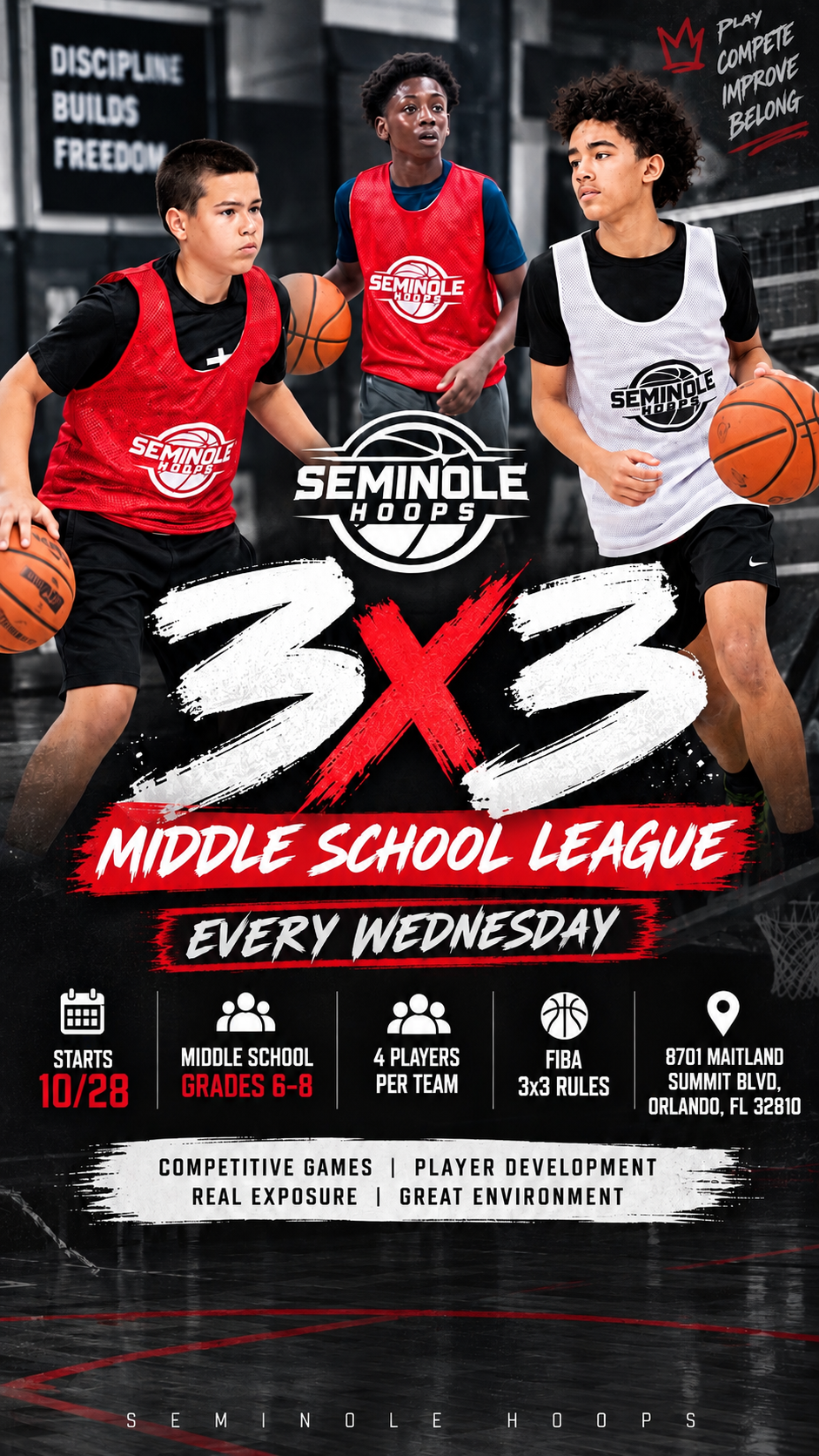 Seminole Hoops 3x3 Middle School League flyer — every Wednesday starting 10/28